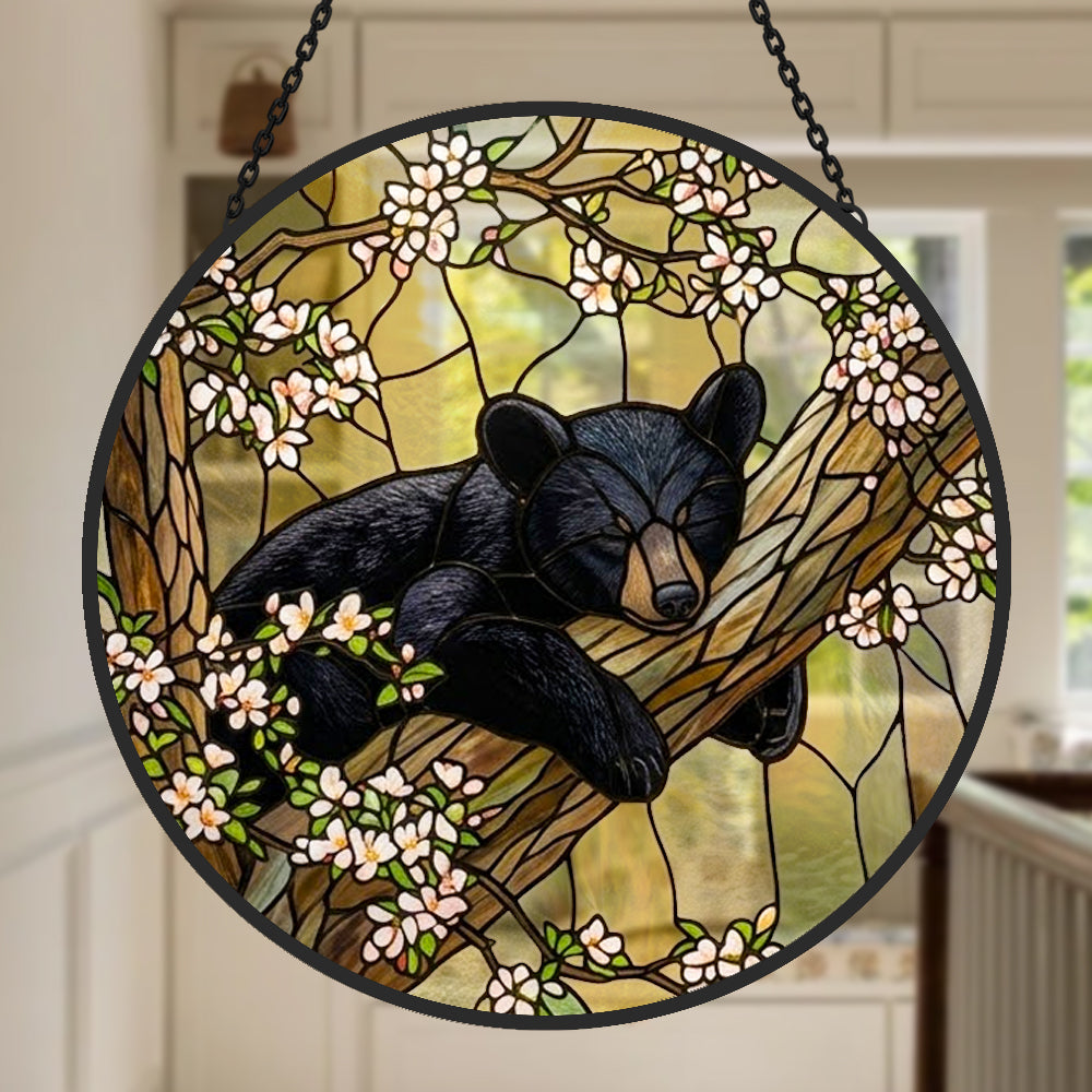 sleeping bear on tree stained glass suncatcher window hanging, suitable for home and garden decoration.