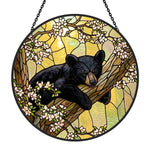 sleeping bear on tree stained glass suncatcher window hanging, suitable for home and garden decoration.