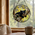 Sleeping bear on tree stained glass suncatcher window hanging, suitable for home and garden decoration