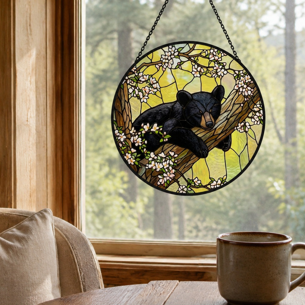 Sleeping bear on tree stained glass suncatcher window hanging, suitable for home and garden decoration