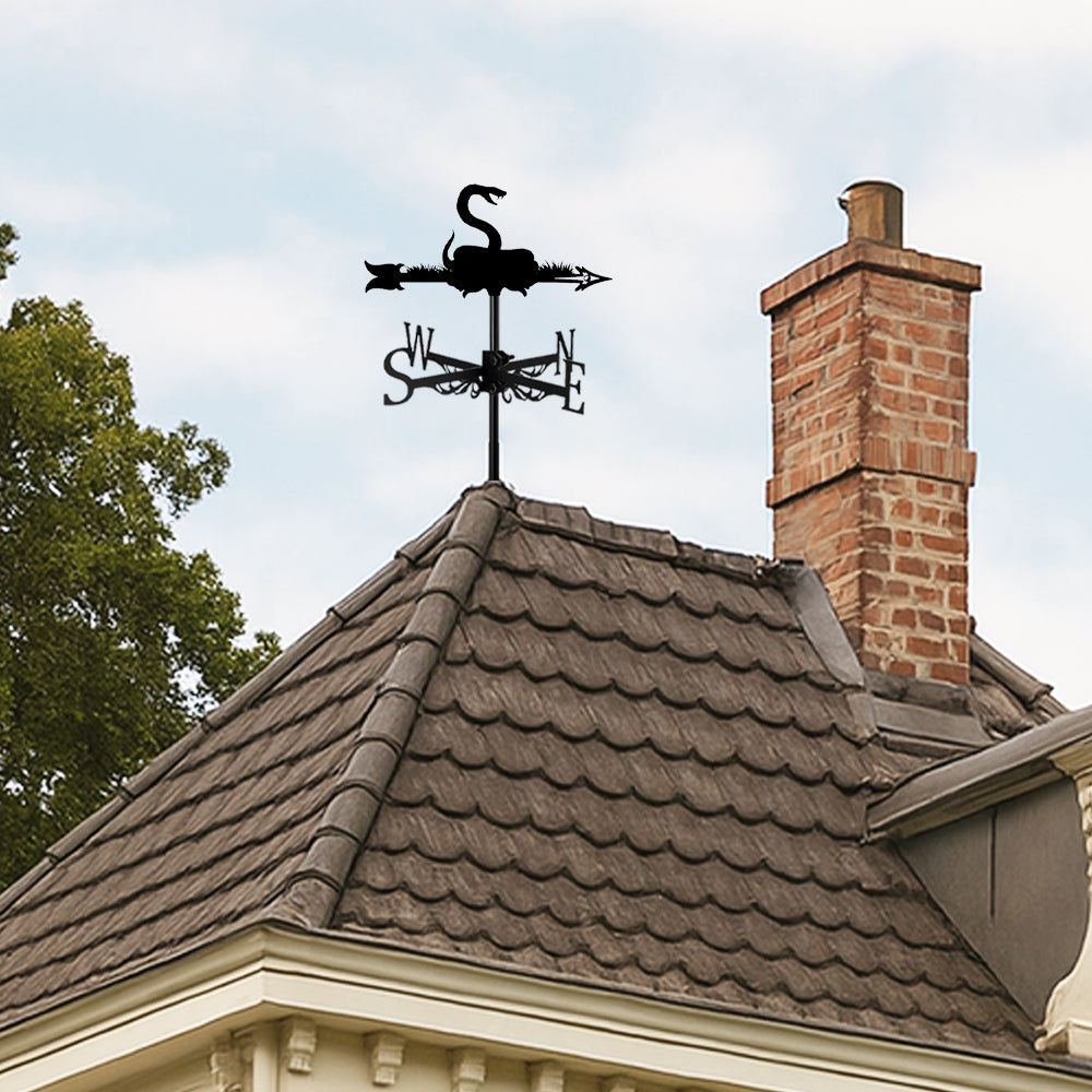 Snake metal weather vane with directional arrows and mounting rod, outdoor roof and garden decoration