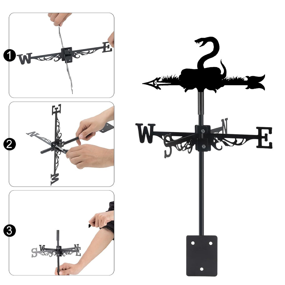 Snake metal weather vane with directional arrows and mounting rod, outdoor roof and garden decoration