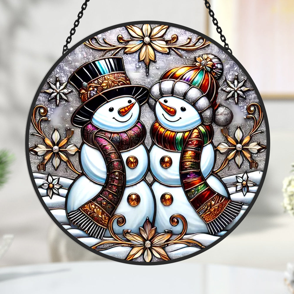 Snowman couple stained glass suncatcher window hanging, suitable for home and garden decoration