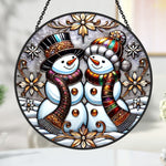 Snowman couple stained glass suncatcher window hanging, suitable for home and garden decoration