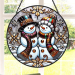 Snowman couple stained glass suncatcher window hanging, suitable for home and garden decoration