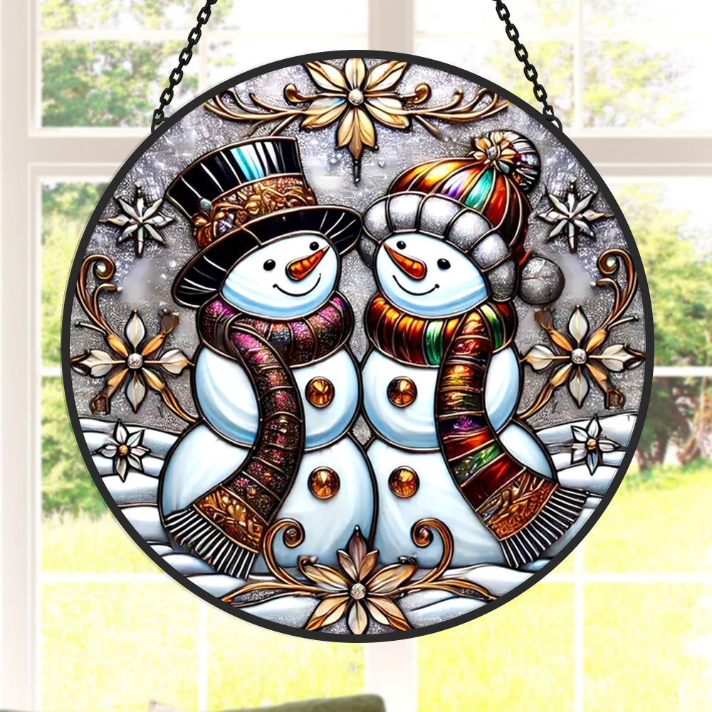 Snowman couple stained glass suncatcher window hanging, suitable for home and garden decoration