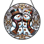 Snowman couple stained glass suncatcher window hanging, suitable for home and garden decoration