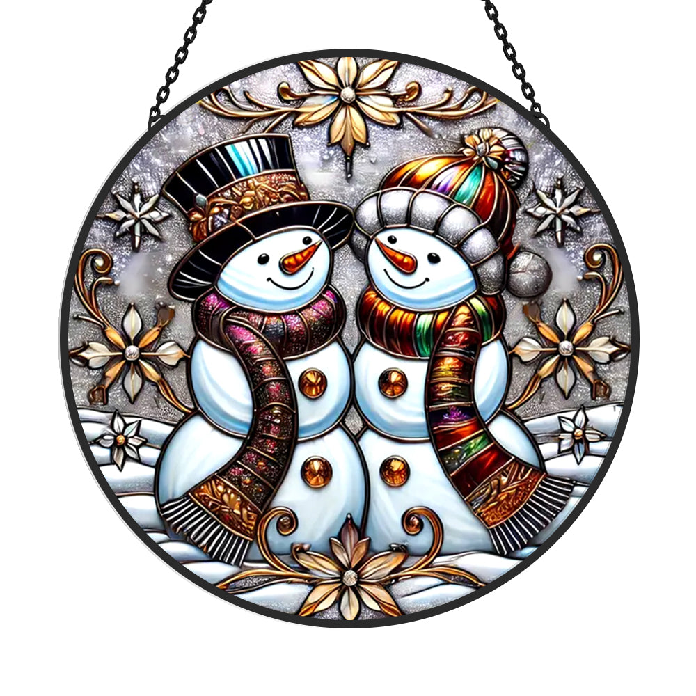 Snowman couple stained glass suncatcher window hanging, suitable for home and garden decoration