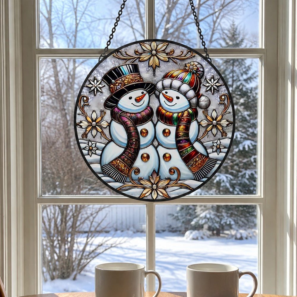 Snowman couple stained glass suncatcher window hanging, suitable for home and garden decoration