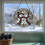 Snowman couple stained glass suncatcher window hanging, suitable for home and garden decoration