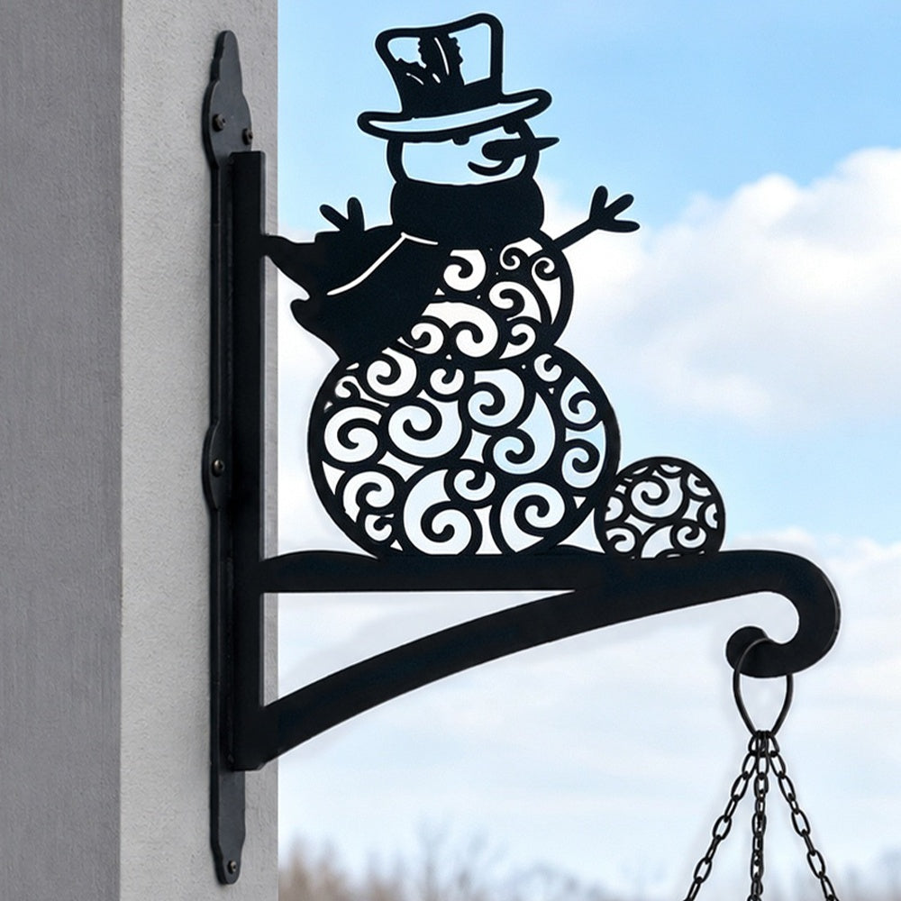 Snowman metal hanging basket bracket mounted on outdoor wall for plant decoration