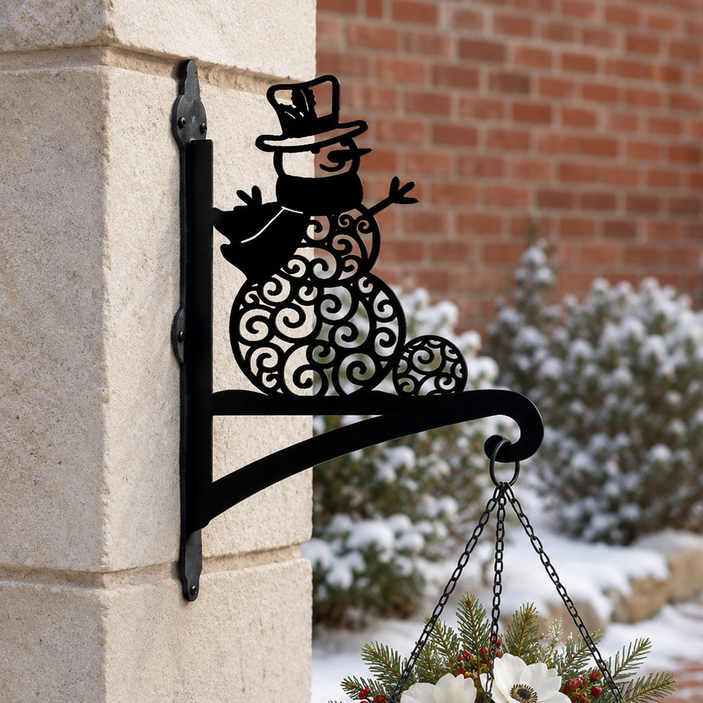 Snowman metal hanging basket bracket mounted on outdoor wall for plant decoration