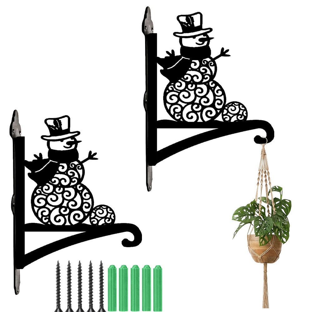 Snowman metal hanging basket bracket mounted on outdoor wall for plant decoration