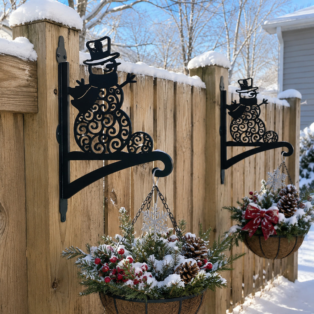 Snowman metal hanging basket bracket mounted on outdoor wall for plant decoration