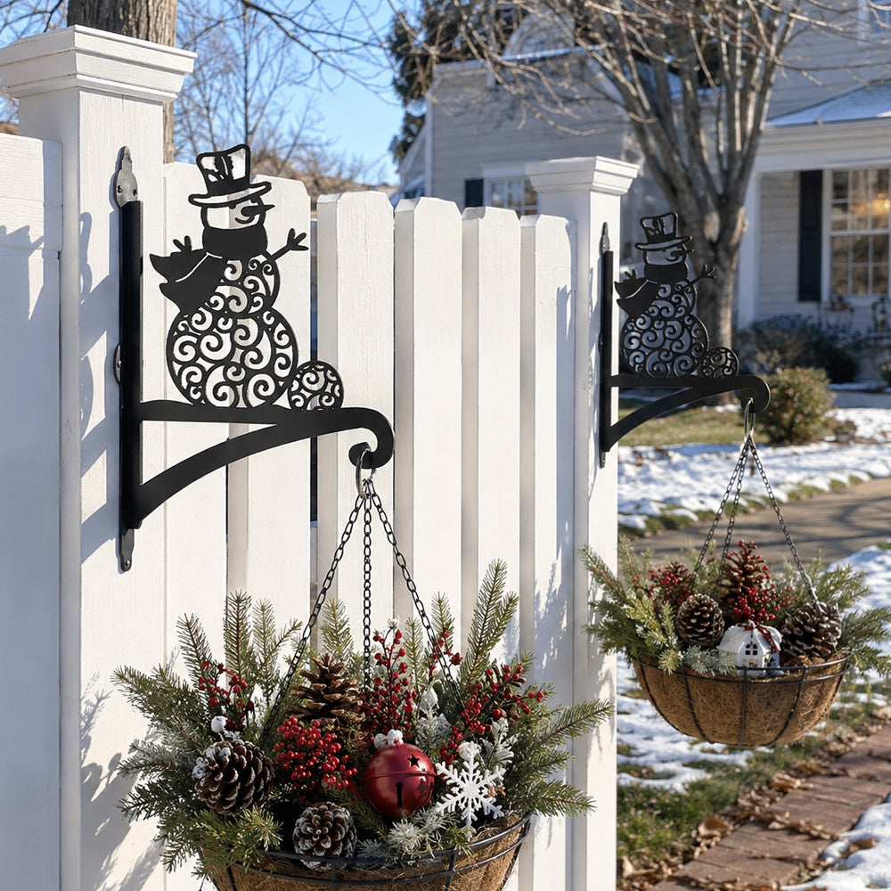 Snowman metal hanging basket bracket mounted on outdoor wall for plant decoration