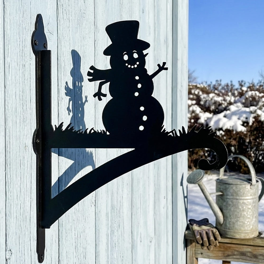 Snowman metal hanging basket bracket mounted on outdoor wall for plant decoration