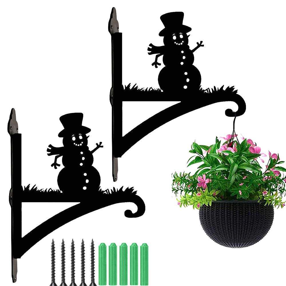 Snowman metal hanging basket bracket mounted on outdoor wall for plant decoration