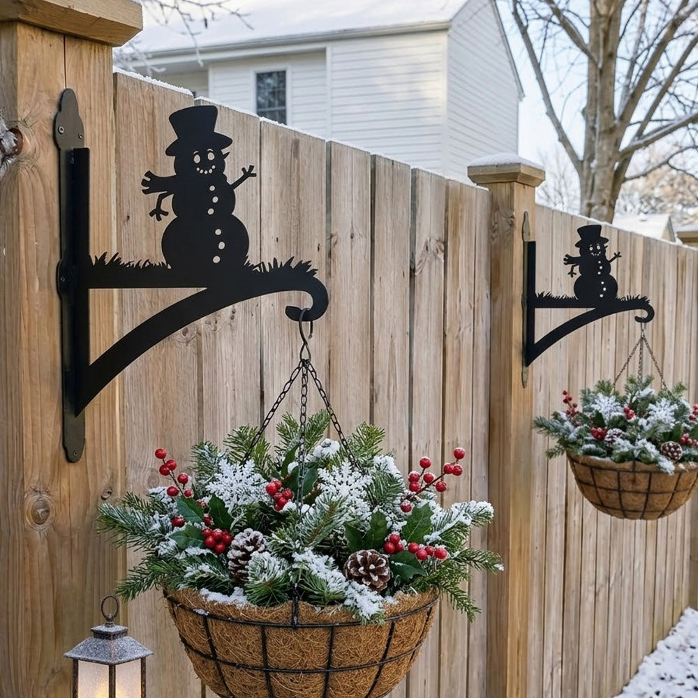Snowman metal hanging basket bracket mounted on outdoor wall for plant decoration
