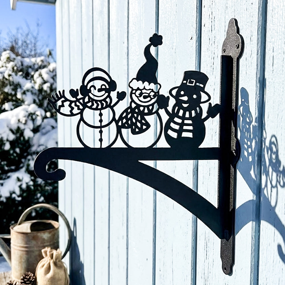 Snowmen metal hanging basket bracket mounted on outdoor wall for plant decoration