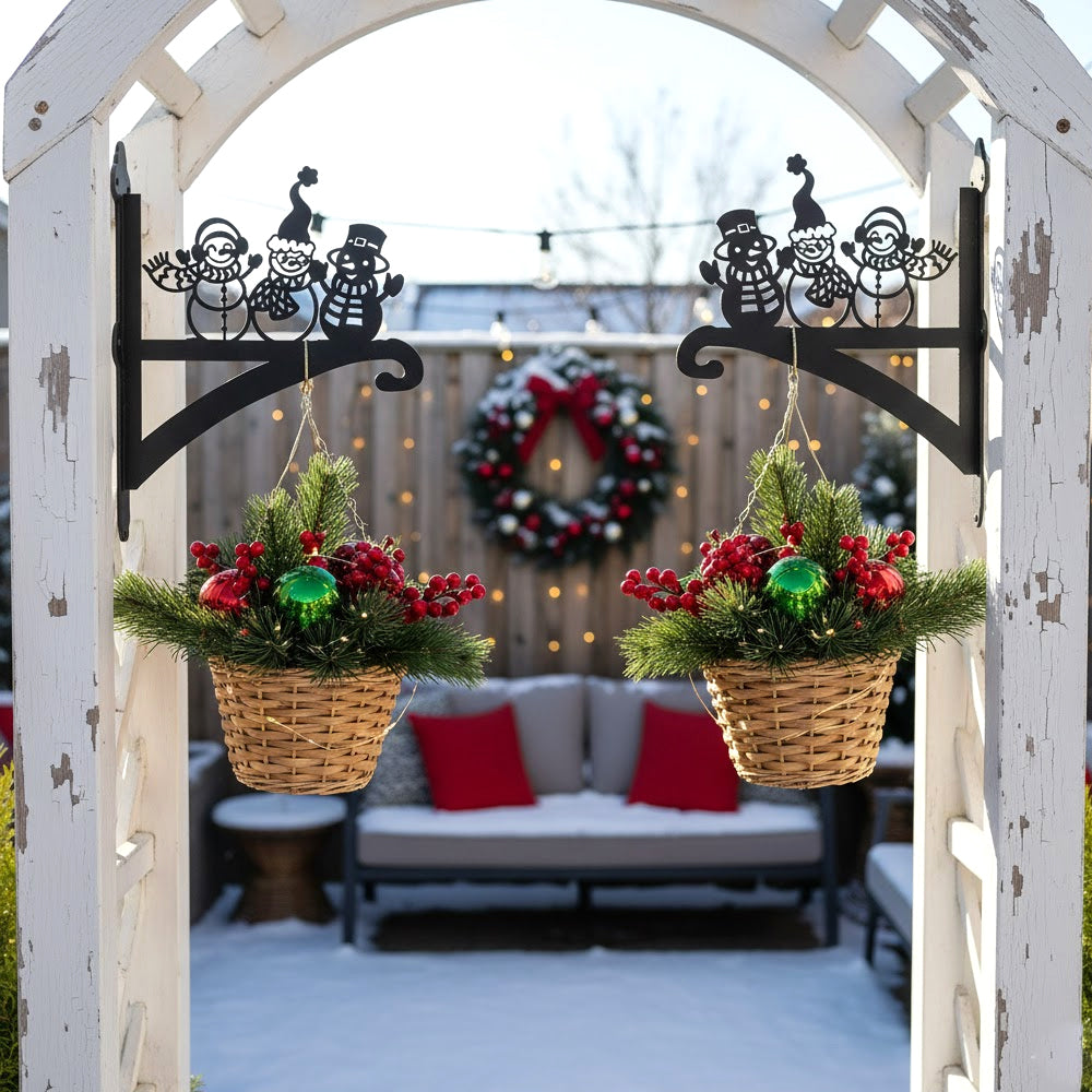 Snowmen metal hanging basket bracket mounted on outdoor wall for plant decoration