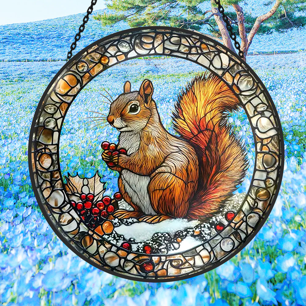 snowy backyard squirrel with holly berries stained glass suncatcher window hanging, suitable for home and garden decoration.