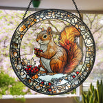 snowy backyard squirrel with holly berries stained glass suncatcher window hanging, suitable for home and garden decoration.