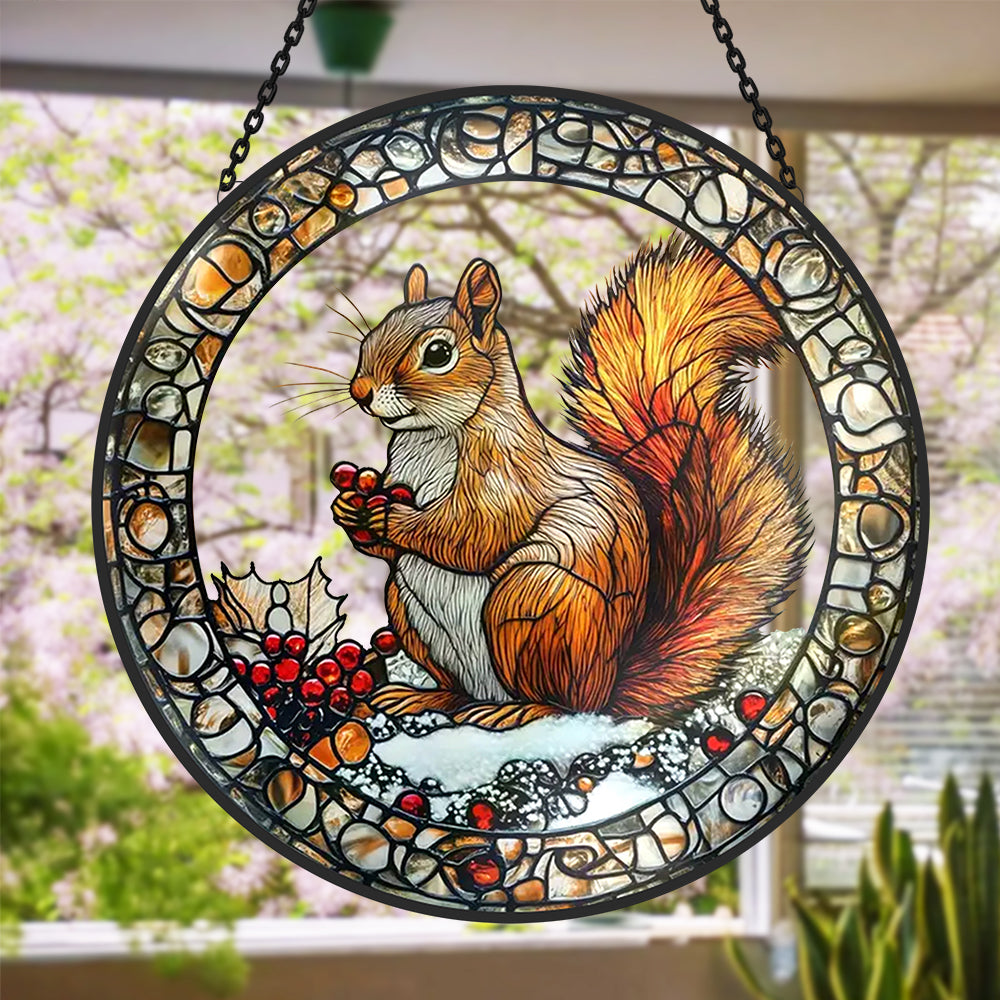 snowy backyard squirrel with holly berries stained glass suncatcher window hanging, suitable for home and garden decoration.