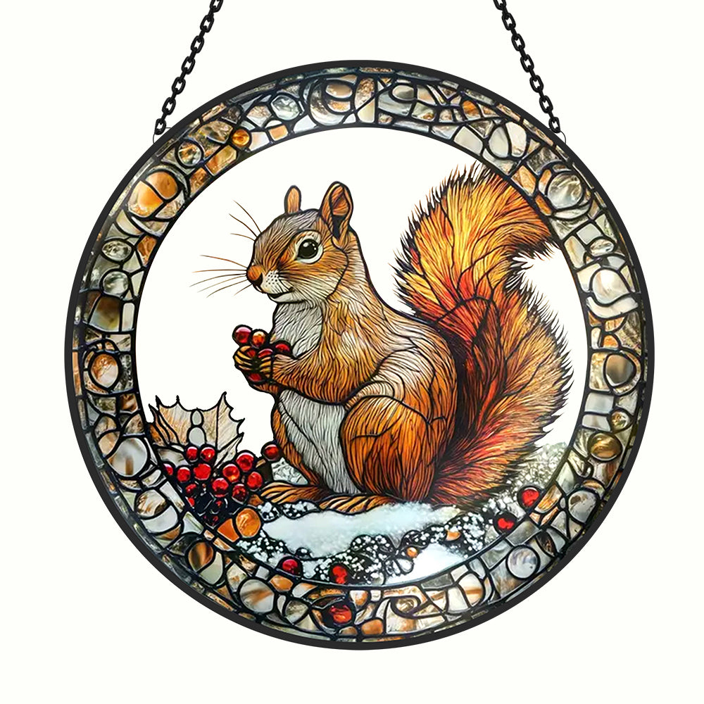 snowy backyard squirrel with holly berries stained glass suncatcher window hanging, suitable for home and garden decoration.