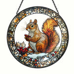 snowy backyard squirrel with holly berries stained glass suncatcher window hanging, suitable for home and garden decoration.