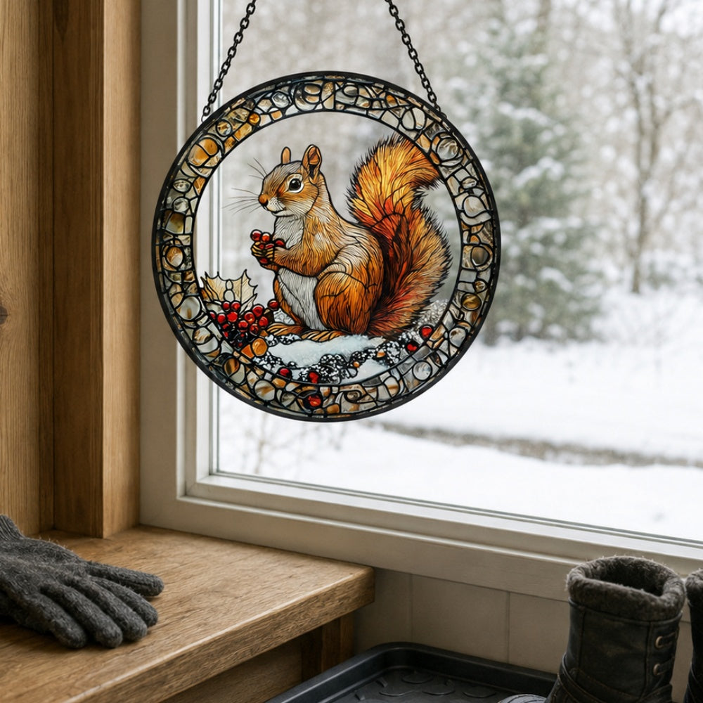 Snowy backyard squirrel with holly berries stained glass suncatcher window hanging, suitable for home and garden decoration