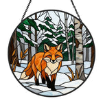 snowy birch forest red fox stained glass suncatcher window hanging, suitable for home and garden decoration.