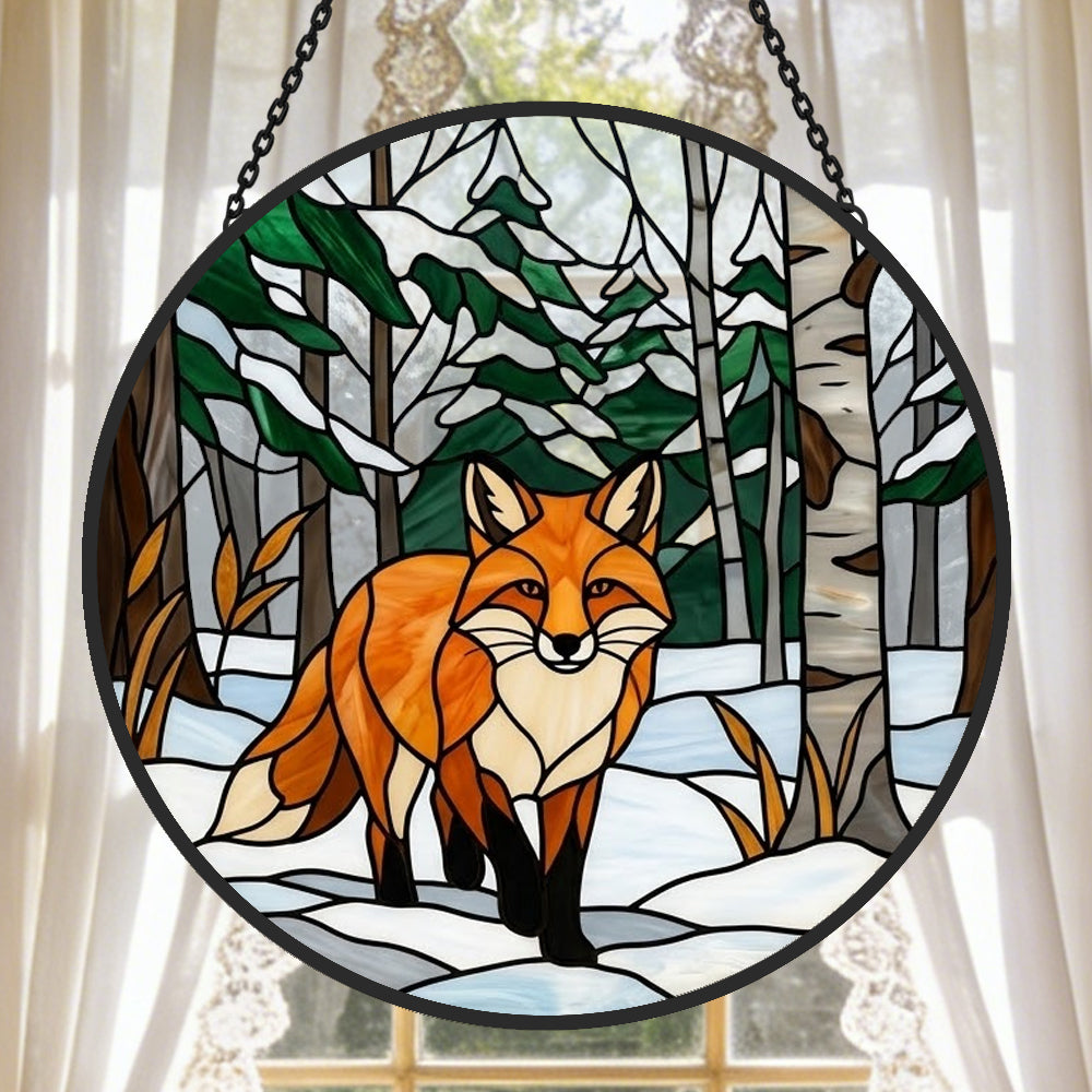 snowy birch forest red fox stained glass suncatcher window hanging, suitable for home and garden decoration.
