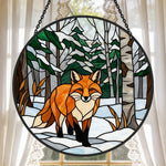 snowy birch forest red fox stained glass suncatcher window hanging, suitable for home and garden decoration.