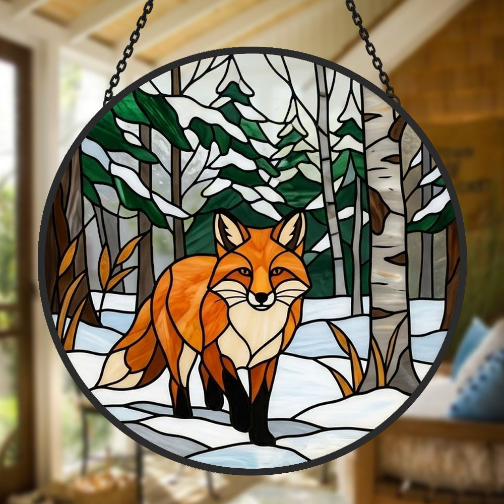 snowy birch forest red fox stained glass suncatcher window hanging, suitable for home and garden decoration.