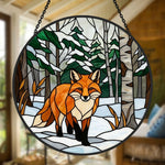 snowy birch forest red fox stained glass suncatcher window hanging, suitable for home and garden decoration.