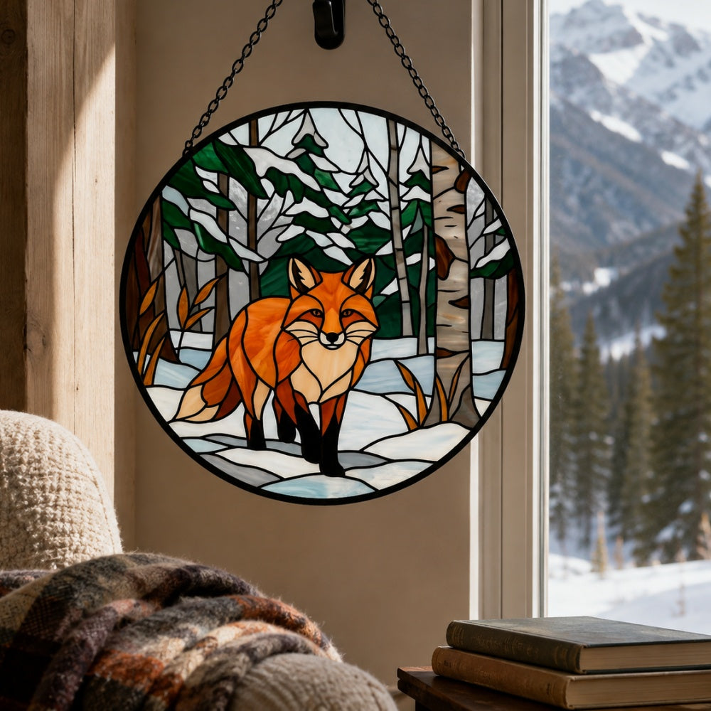 Snowy birch forest red fox stained glass suncatcher window hanging, suitable for home and garden decoration
