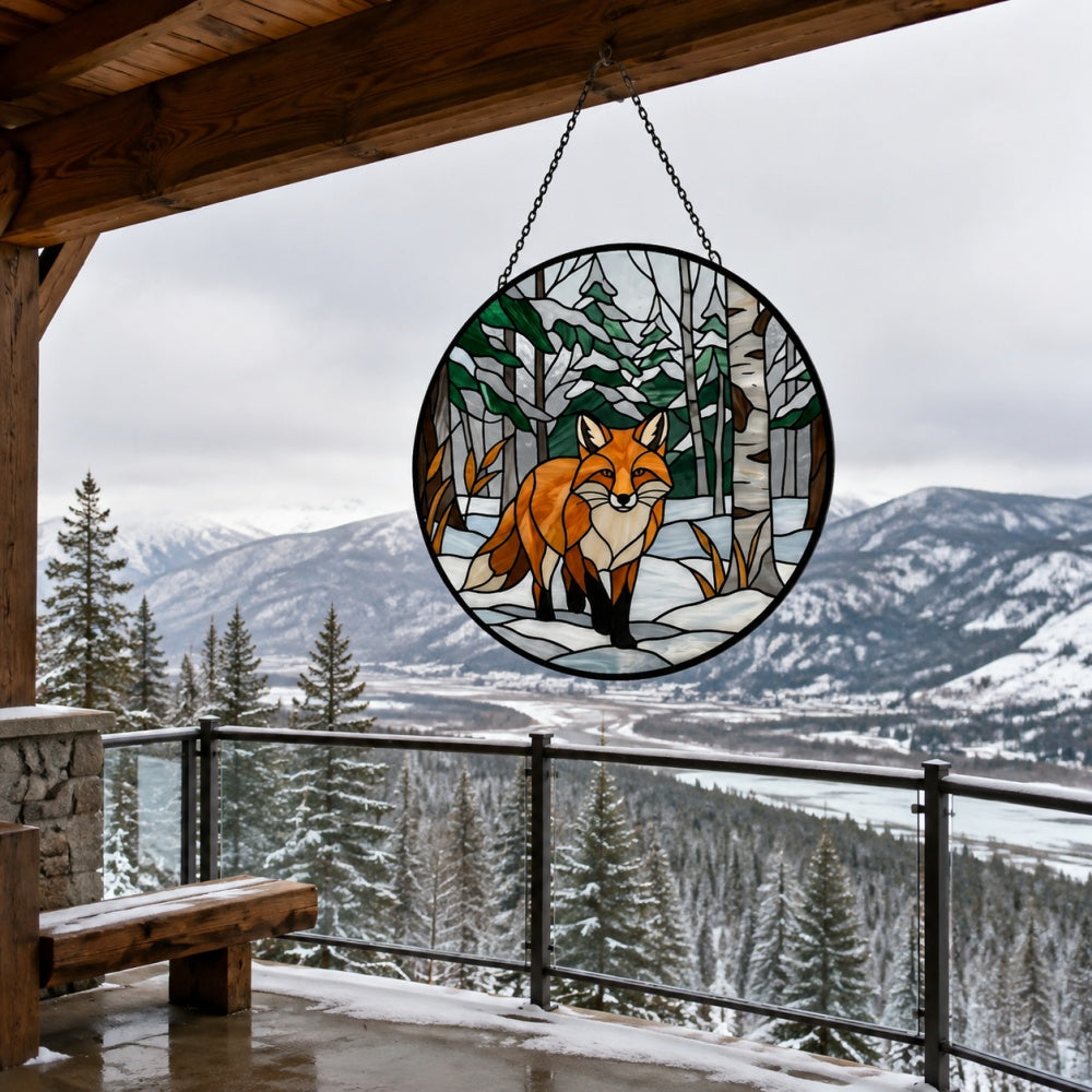 Snowy birch forest red fox stained glass suncatcher window hanging, suitable for home and garden decoration