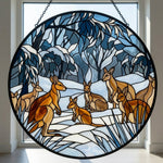 snowy forest kangaroo mob stained glass suncatcher window hanging, suitable for home and garden decoration.