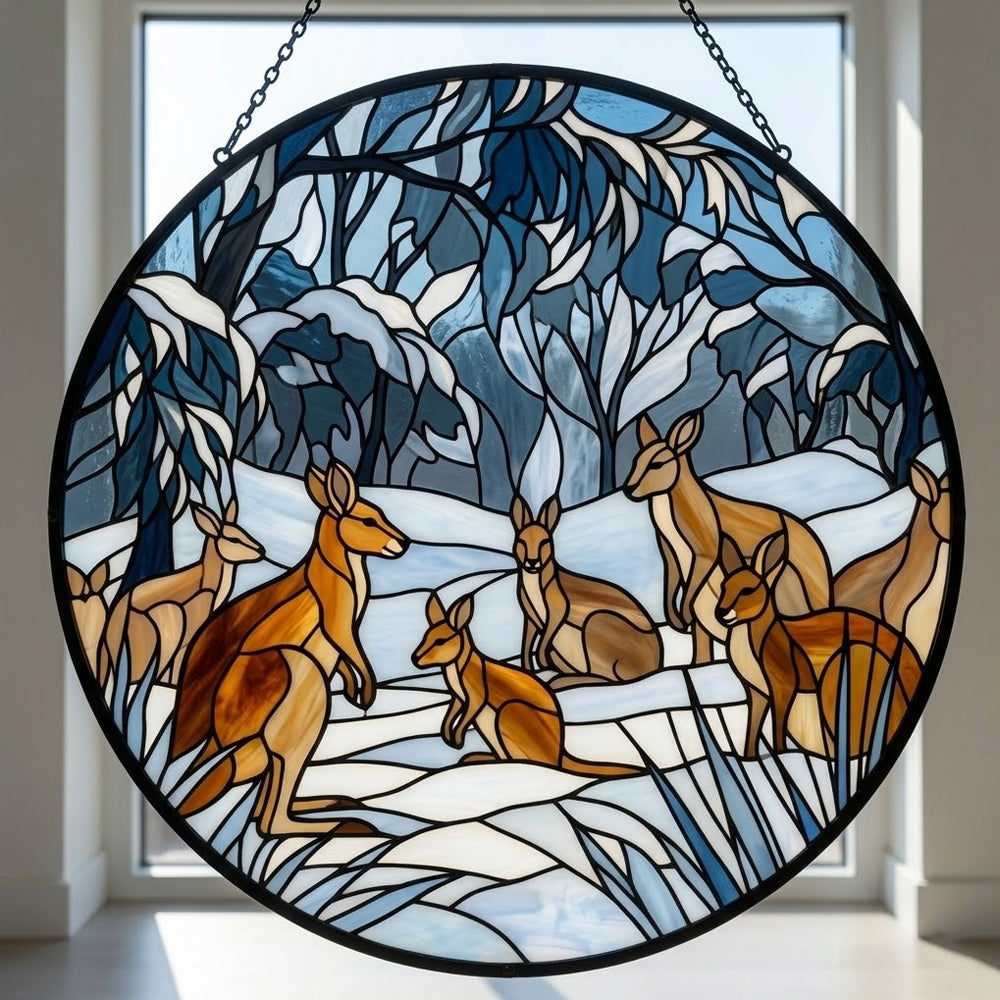 snowy forest kangaroo mob stained glass suncatcher window hanging, suitable for home and garden decoration.