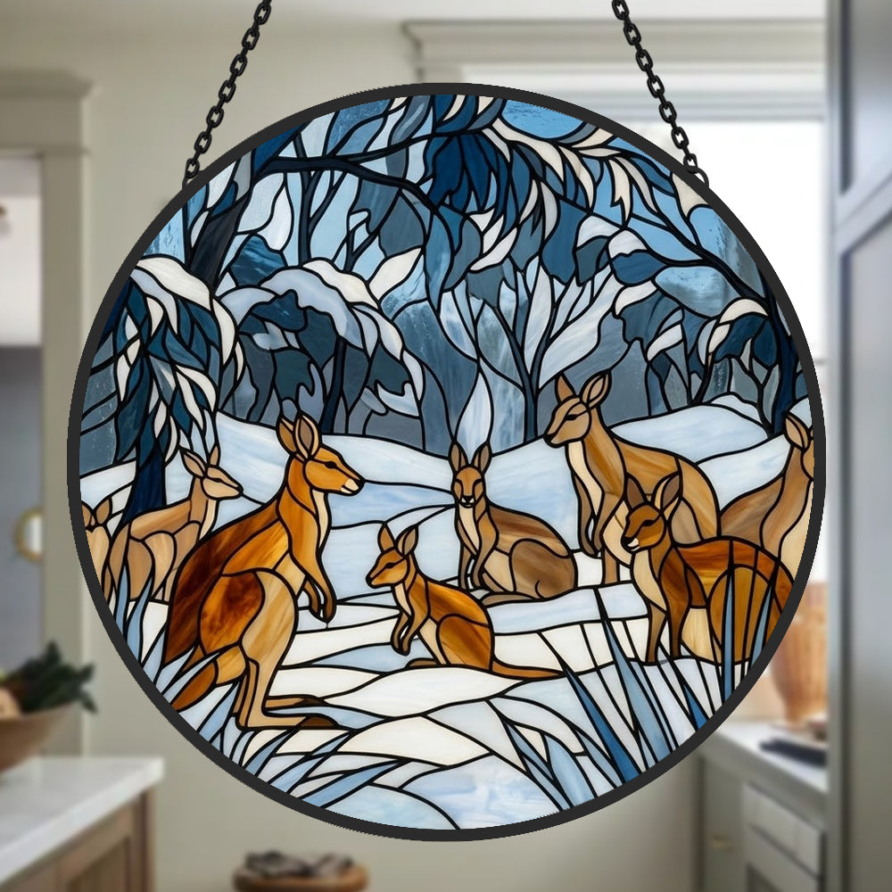 snowy forest kangaroo mob stained glass suncatcher window hanging, suitable for home and garden decoration.