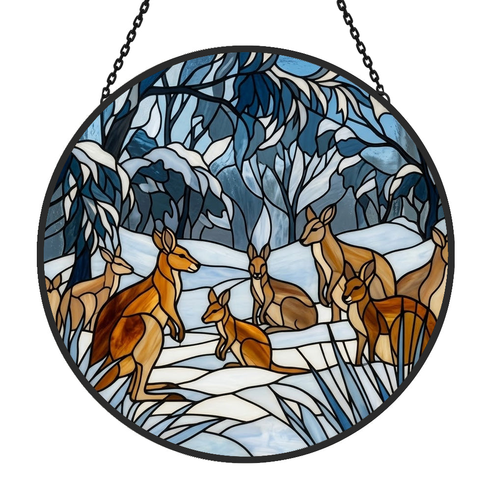 snowy forest kangaroo mob stained glass suncatcher window hanging, suitable for home and garden decoration.