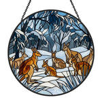 snowy forest kangaroo mob stained glass suncatcher window hanging, suitable for home and garden decoration.