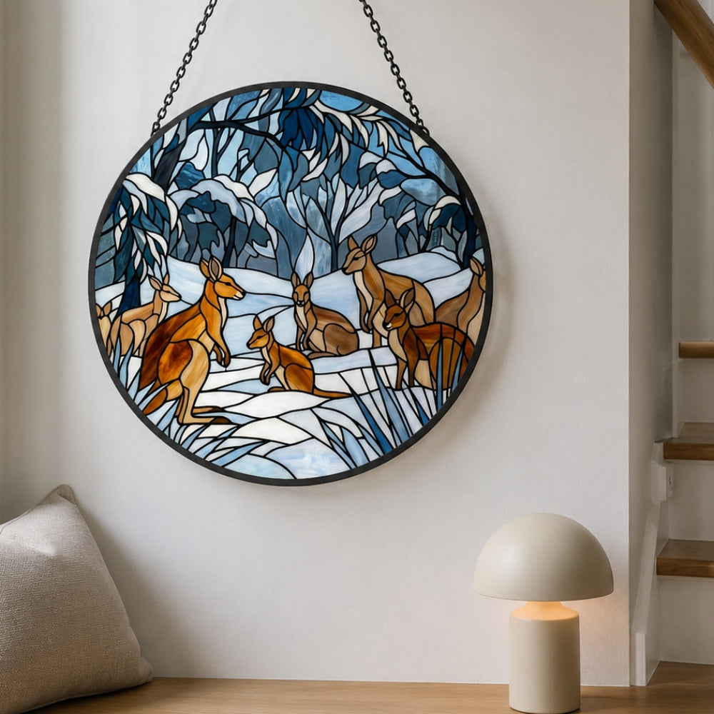 Snowy forest kangaroo mob stained glass suncatcher window hanging, suitable for home and garden decoration
