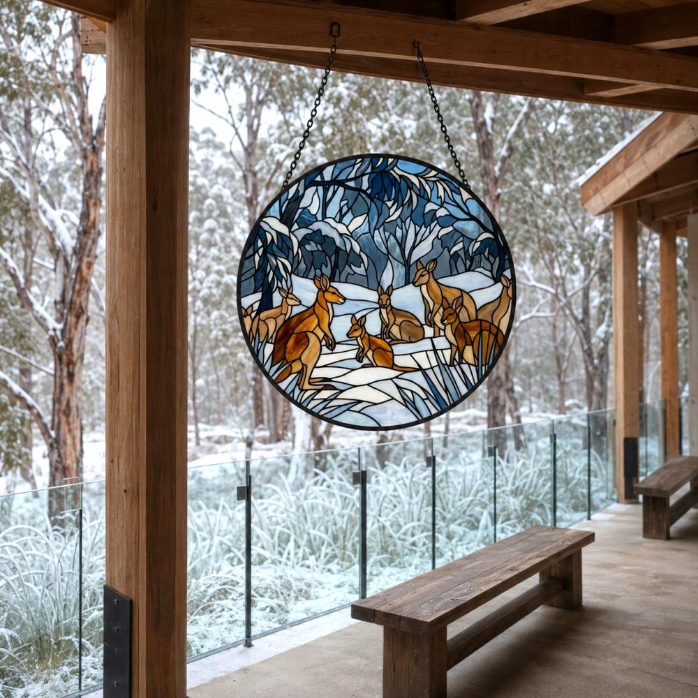 Snowy forest kangaroo mob stained glass suncatcher window hanging, suitable for home and garden decoration