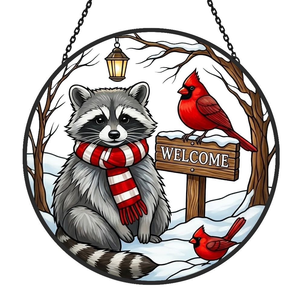 snowy rustic welcome sign raccoon stained glass suncatcher window hanging, suitable for home and garden decoration.