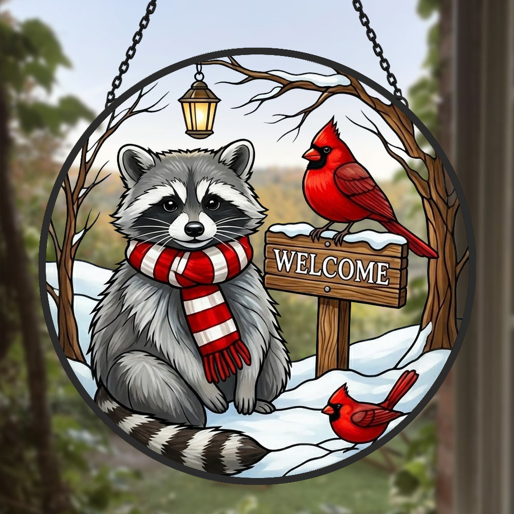 snowy rustic welcome sign raccoon stained glass suncatcher window hanging, suitable for home and garden decoration.