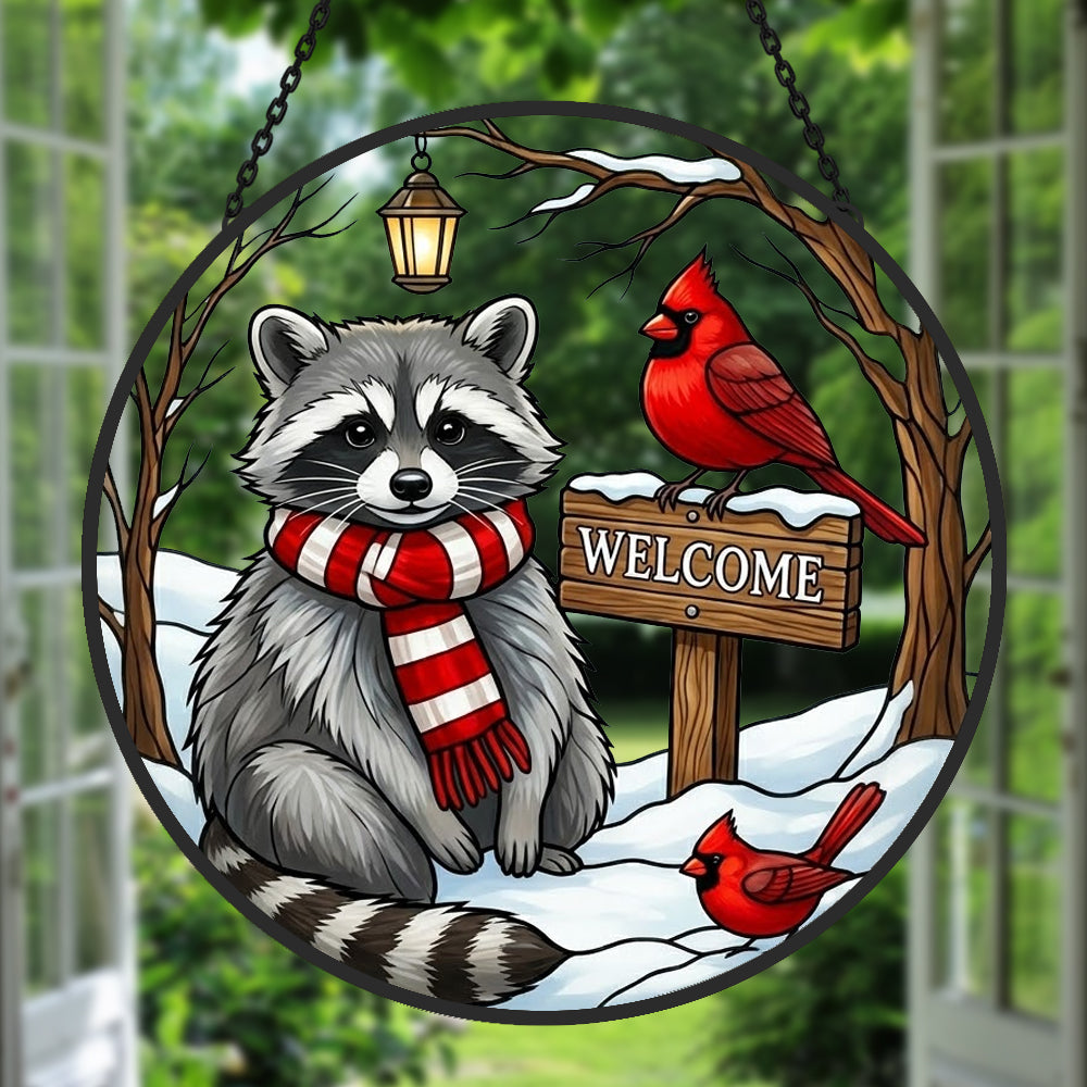 snowy rustic welcome sign raccoon stained glass suncatcher window hanging, suitable for home and garden decoration.