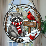 snowy rustic welcome sign raccoon stained glass suncatcher window hanging, suitable for home and garden decoration.