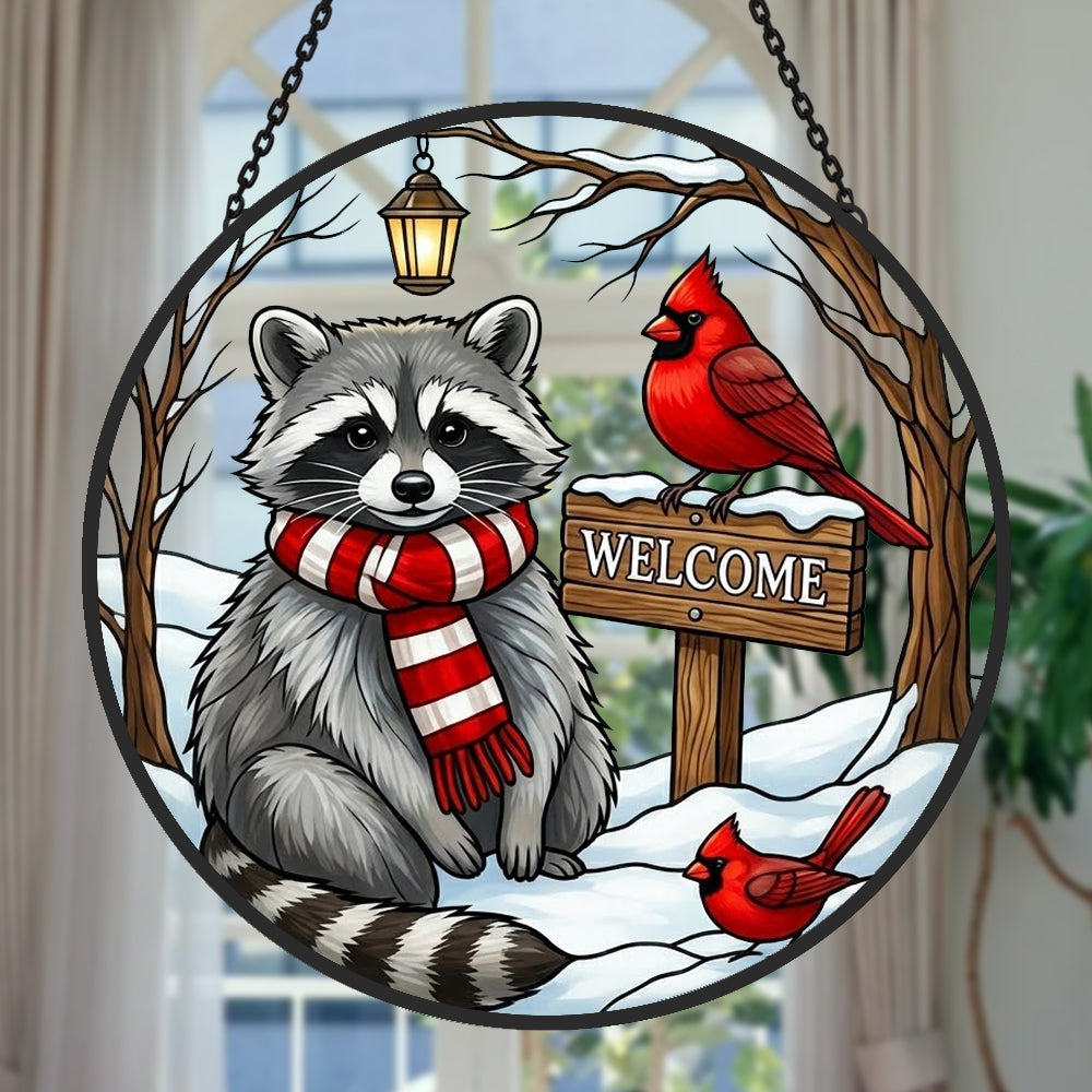 snowy rustic welcome sign raccoon stained glass suncatcher window hanging, suitable for home and garden decoration.
