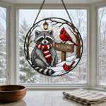 Snowy rustic welcome sign raccoon stained glass suncatcher window hanging, suitable for home and garden decoration